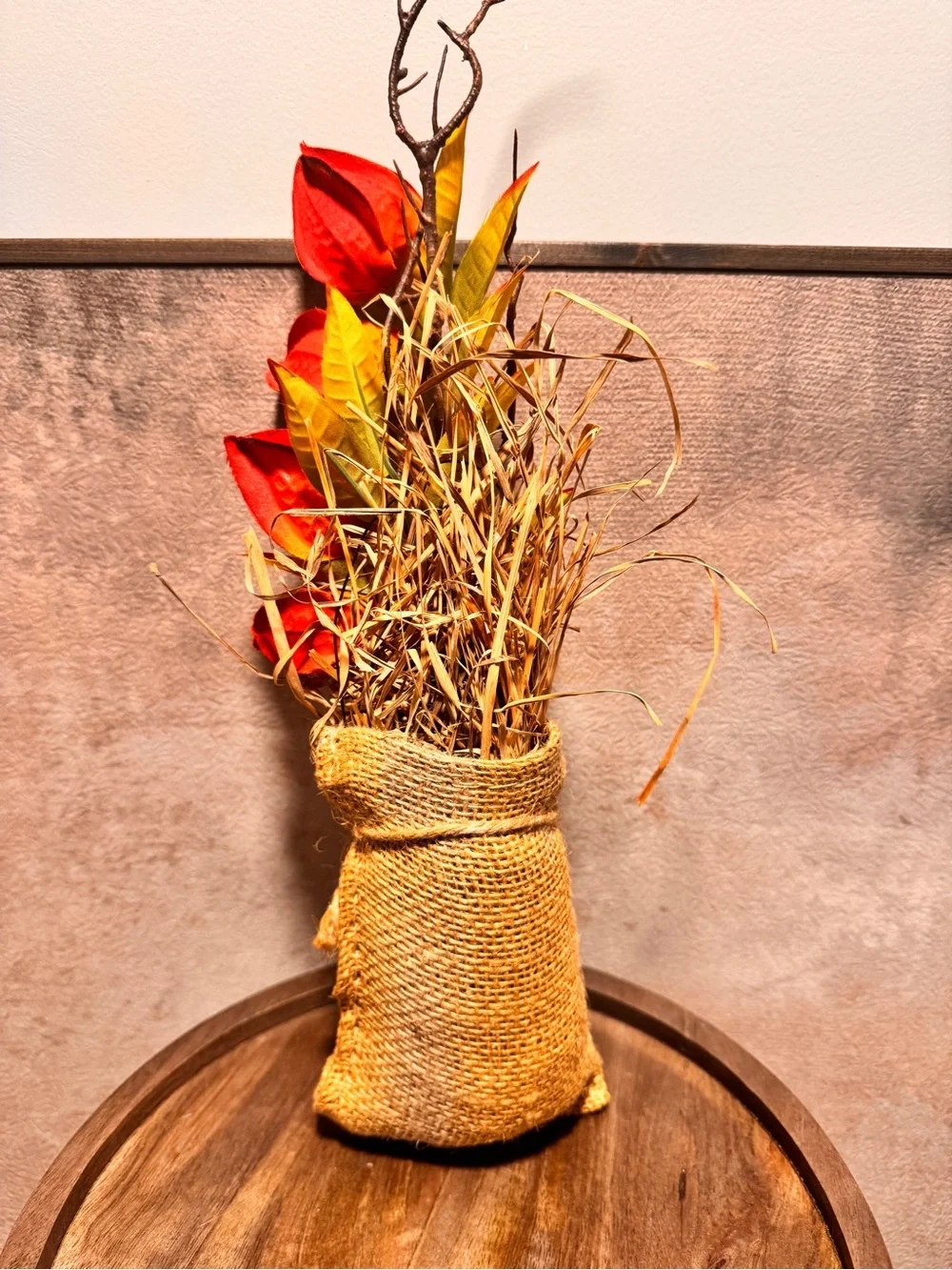 Rustic Burlap Fall Floral Arrangement Orange Chinese Lantern Farmhouse Decor